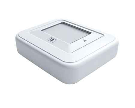 White rectangular device with a screen.  Small, square,  plastic casing,  angled view.  Display area is a light gray/off-white.  Two horizontal lines,  possibly controls, visible  on the screen.