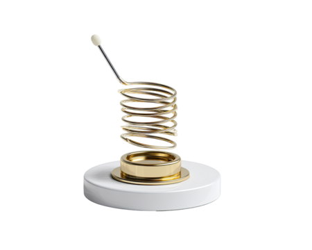 Gold spiral stand with a white base.  A decorative, coiled spring-like object sits atop a circular white pedestal.
