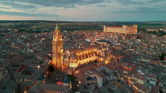 Aerial night view of the historic cityscape of Toledo, Castilla-La Mancha, Spain