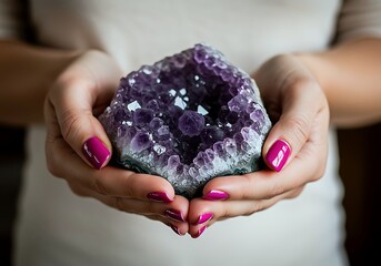 A Person's Hands Gently Cradle A Beautiful Amethyst Crystal Geode, Showcasing Its Vibrant Purple Hues And Intricate Formation. Perfect For Wellness And Spirituality Themes.