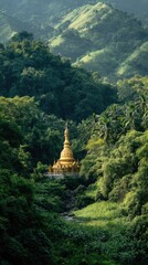 Golden temple in lush green valley