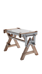 Light-colored, wooden, small table with adjustable legs.  A compact, simple design with a light beige/tan colored wood frame and a white top.