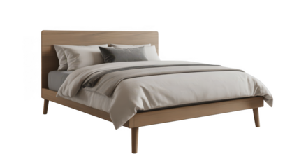 Modern wooden bed frame with neutral toned bedding isolated on transparent background