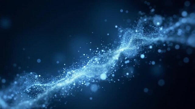 Flowing white and blue particles on dark background, creating a cosmic, futuristic and elegant mood, ideal for technology, science, abstract and digital background projects