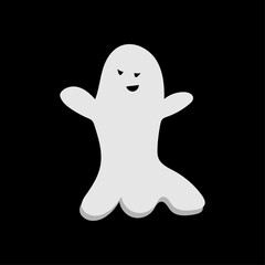 cute white monster with emotions on black background autumn holiday halloween spooky spirit flying ghost poster or banner vector illustration