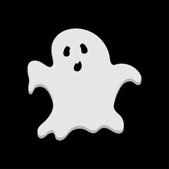 cute white monster with emotions on black background autumn holiday halloween spooky spirit flying ghost poster or banner vector illustration