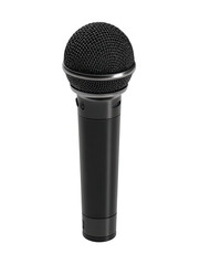 A black microphone, isolated against a black background.  The microphone has a dark gray/black metal casing, a rounded, textured black diaphragm, and a silver-toned ring around the diaphragm