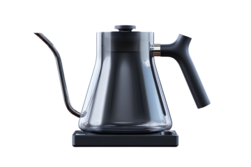 Modern, sleek, stainless steel gooseneck kettle.  Dark gray, angled body,  with a handle and spout.  Black base.  3D rendered image