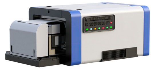 Industrial machine with light gray and white body and blue accents.  A control panel with indicators is visible.