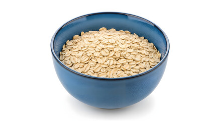 A blue ceramic bowl filled with healthy rolled oats for breakfast with white background