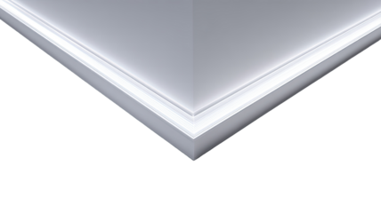 Close-up of a crisp white corner molding.  A sharp, defined corner is highlighted by a bright white, slightly reflective trim.  The molding's edge transitions into a deep black background.