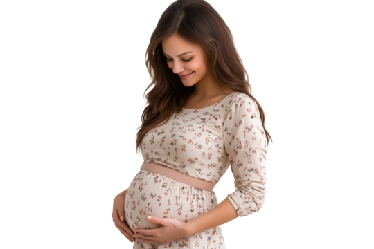 Pregnant woman smiling while gently holding her baby bump isolated on a white background, showcasing maternal joy and anticipation during pregnancy