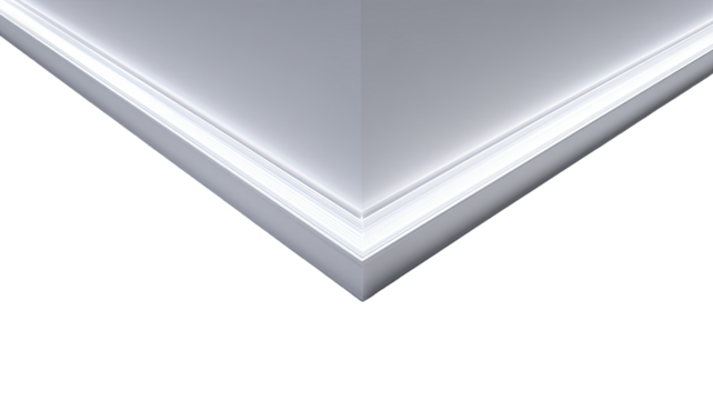 Close-up of a crisp white corner molding.  A sharp, defined corner is highlighted by a bright white, slightly reflective trim.  The molding's edge transitions into a deep black background. - Powered by Adobe