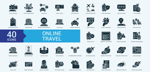 Travel online icon collection set with flight booking, car rental, train tickets, bus schedules, travel insurance, online reviews