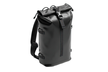 Dark gray backpack with a roll-top closure and adjustable straps.  Features visible buckles and reinforced side panels.  A clean, modern design