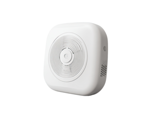 White square portable device, likely a smoke detector.  Circular speaker grille and small hole visible