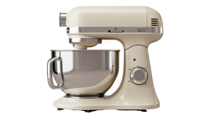 Beige stand mixer, angled view, showing stainless steel bowl and attachments