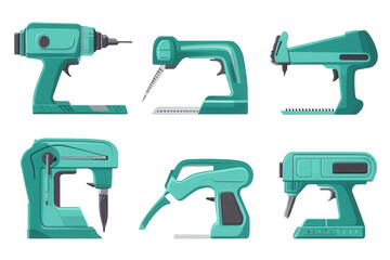 Collection of green and blue tools including drills, saws, and more, showcasing a variety of equipment for different tasks in a workshop setting