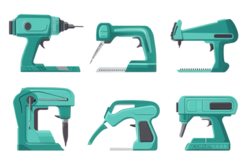 Collection of green and blue tools including drills, saws, and more, showcasing a variety of equipment for different tasks in a workshop setting