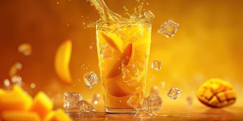 A shot of vibrant mango juice splashing, ice cubes and mango chunks suspended with smooth floating, luminous golden gradient backdrop enhancing freshness and luxury