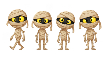 Mummified cartoon characters in various poses
