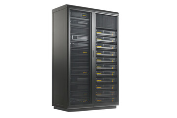 Server rack filled with high-density servers isolated on a transparent background showcasing advanced data storage technology in low resolution