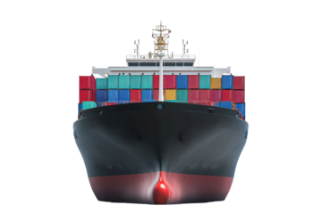 Cargo ship loaded with containers sails through calm waters in the daylight creating an impressive sight against the horizon