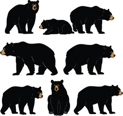 Black Bear Vector Collection: A Set of Illustrations in Various Poses, Including Walking, Sitting, and Lying Down for Nature Designs.