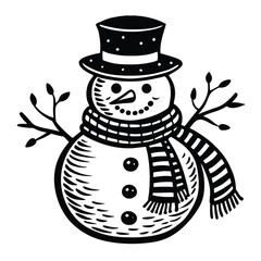 Illustration of a cute snowman with hat and scarf for winter holiday christmas season art