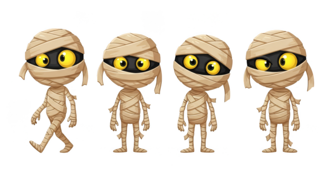 Mummified cartoon characters in various poses