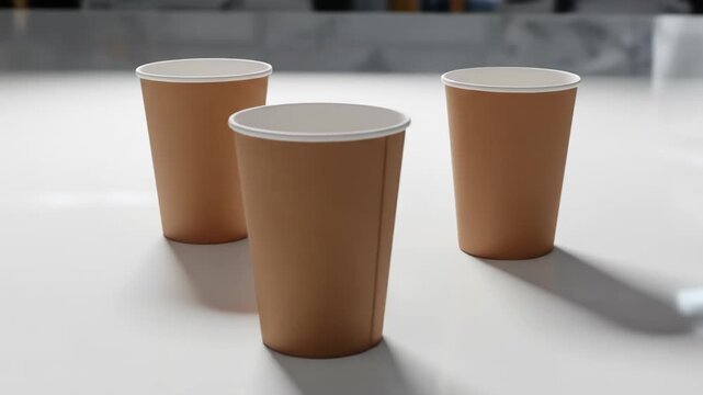 Three brown paper cups with white rims stand on a white surface