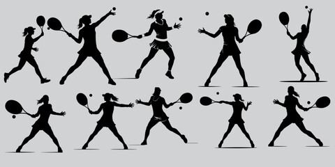 Set of Silhouette of a woman playing tennis