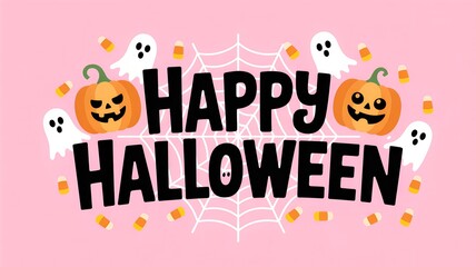 Happy halloween text with pumpkins and ghosts on a pink background, festive and spooky holiday greeting