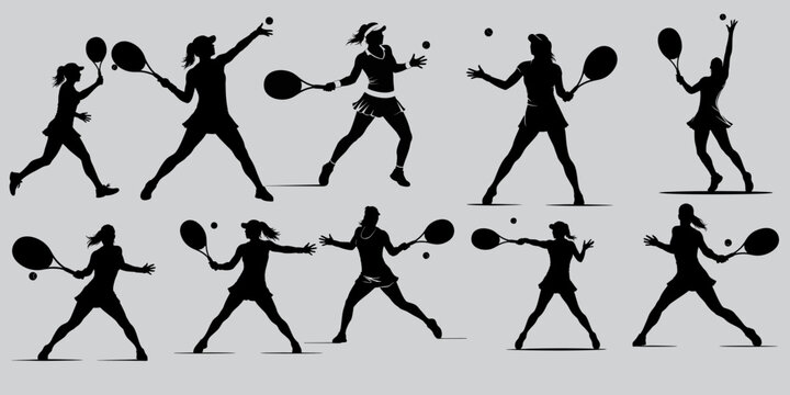 Set of Silhouette of a woman playing tennis