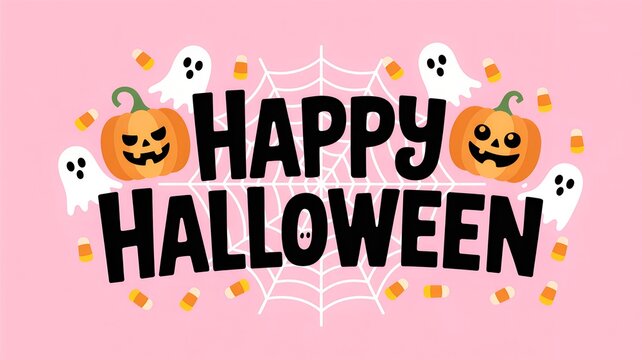 Happy halloween text with pumpkins and ghosts on a pink background, festive and spooky holiday greeting