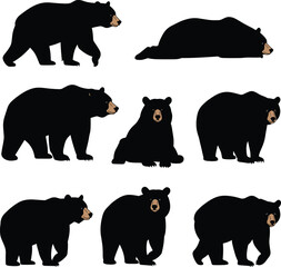 Black Bear Vector Collection: A Set of Illustrations in Various Poses, Including Walking, Sitting, and Lying Down for Nature Designs.