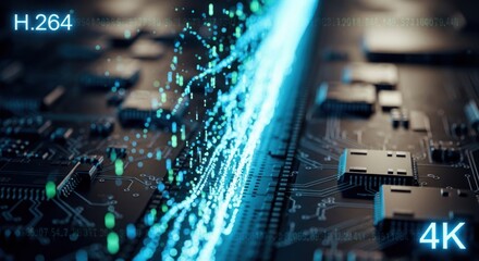 H.264 4K Data Stream on Circuit Board, Technology Concept.