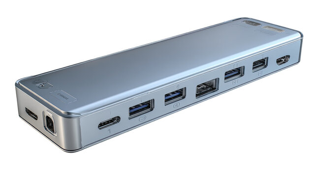 Sleek, silver, rectangular device with numerous ports