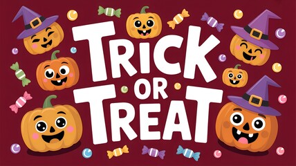 Trick or treat halloween message with cute pumpkins wearing witch hats and scattered candies on a dark background