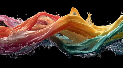 Abstract flowing colorful water splashing on a black background with space for promotional text, perfect for artistic exhibition, cultural event announcements, and creative displays.
