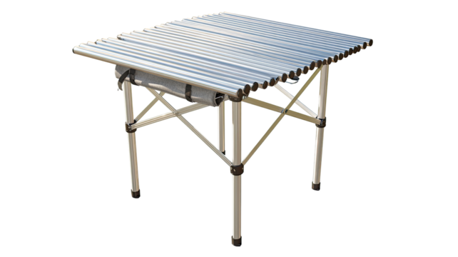 Portable, square table with retractable awning.  Lightweight metal frame and a light-colored top.  Triangular base for stability