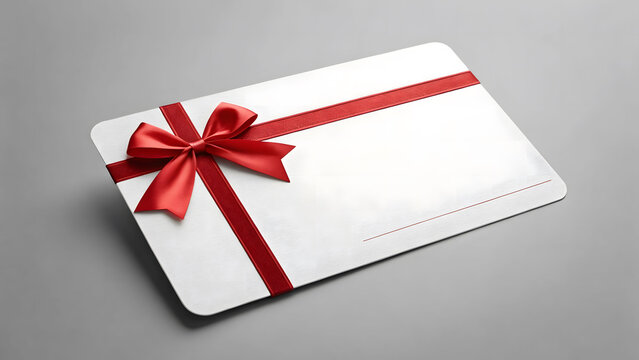 A white gift card with a red ribbon and bow, perfect for giving presents.