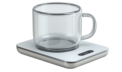 Clear glass mug on a white heated coaster