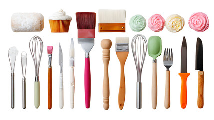 Baking tools cupcakes and meringue swirls on black background