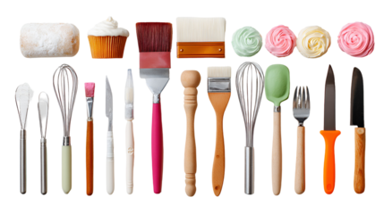 Baking tools cupcakes and meringue swirls on black background