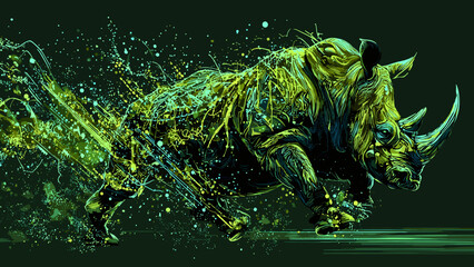 Fototapeta premium This captivating illustration depicts a powerful and dynamic creature, composed of intricate digital and neon elements. The creature is surrounded by vibrant, swirling streams of light and data, creat