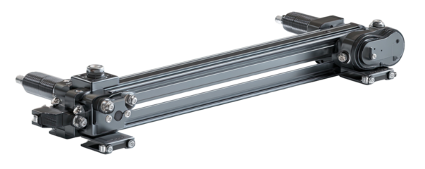 Industrial-grade linear motion system.  Dual rail, motorized,  heavy-duty construction