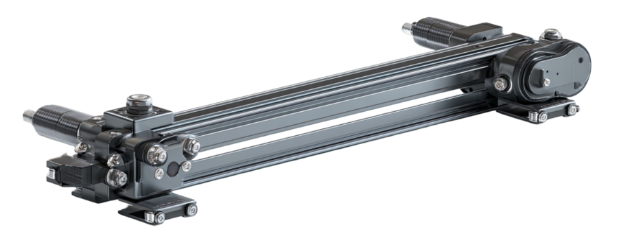 Industrial-grade linear motion system.  Dual rail, motorized,  heavy-duty construction