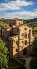 Naklejka premium Exterior of Romanesque style church, showcasing its architectural features and surrounding nature