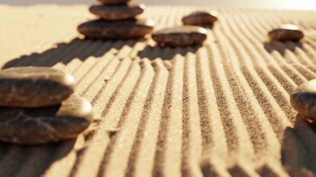 Stacked stones on raked sand create relaxing zen garden scene.